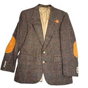 Evan-Picone Blazer Jacket Mens 40" Brown Check Tweed Notch Lapel Elbow Patches